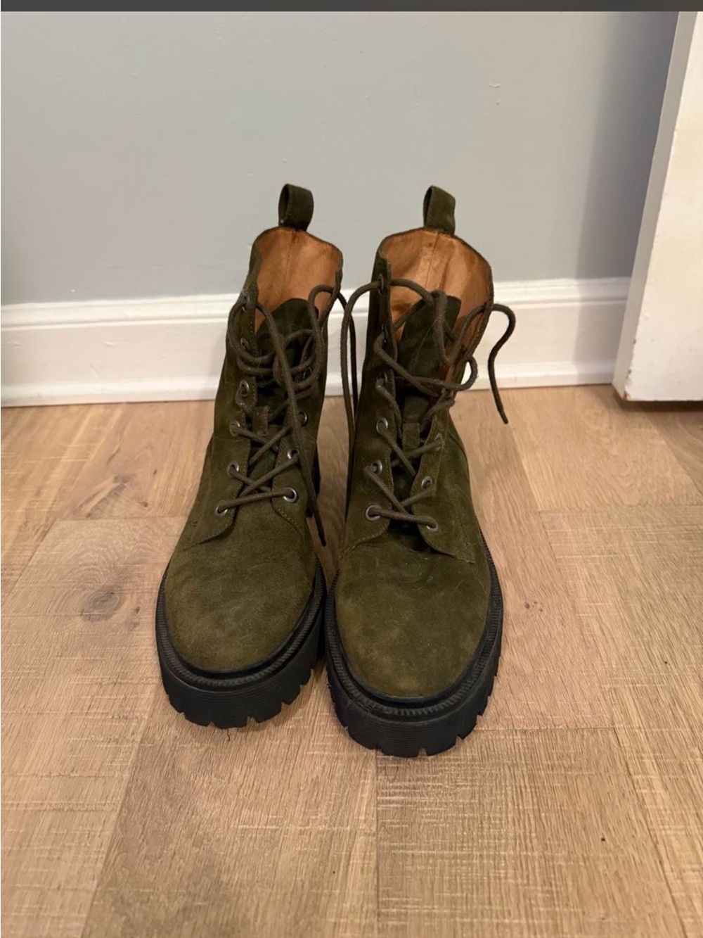 Madewell Olive Suede Lace-Up Combat Boots with Black Lug Soles